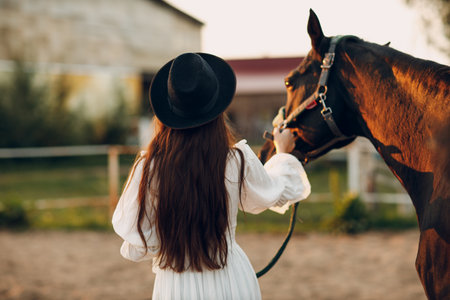 Woman in white dress and black hat with her horse at sunset outdoors ranchの写真素材