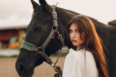 Woman in white dress and black hat with her horse at outdoors ranch