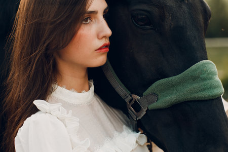Woman portrait with her horse bridle at outdoors ranchの写真素材