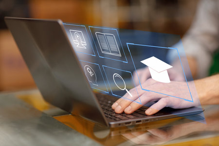 E-learning Education concept. Student schoolar learn lesson online education internet on home computerの写真素材