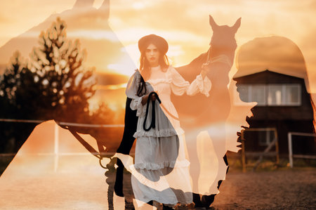 Woman silhouette with her horse at sunset ranch. Multiple exposure image.の写真素材