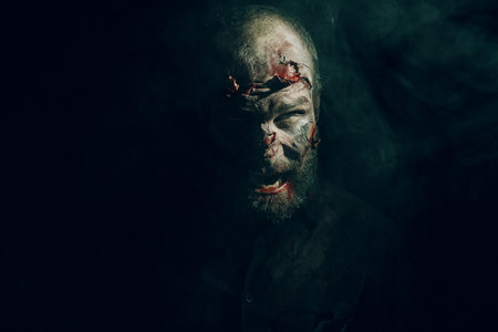 Zombie male makeup for halloween concept. Make up skin and blood faceの写真素材