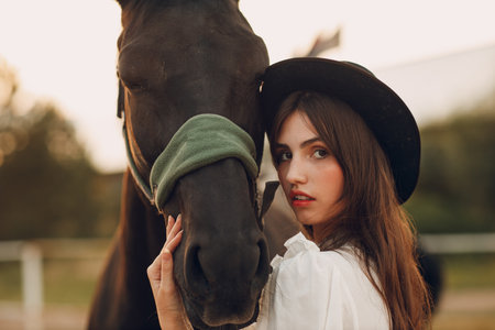 Woman in white dress and black hat with her horse at outdoors ranchの写真素材