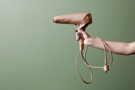 Female hand holds a brand new hair dryer wrapped in rustic beige craft paper. Black Friday concept.の写真素材