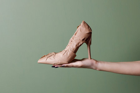 Female hand holds a brand new high heels shoes wrapped in rustic beige craft paper. Black Friday shopping concept.の写真素材