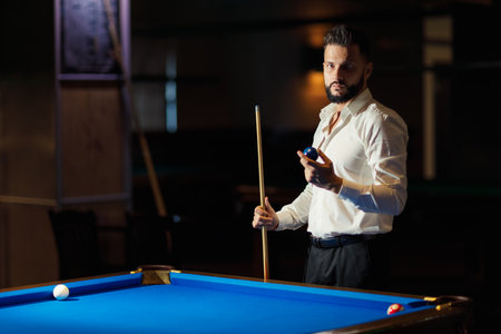 Billiard player portrait at billard table or snooker american billiards pool sport gameの写真素材