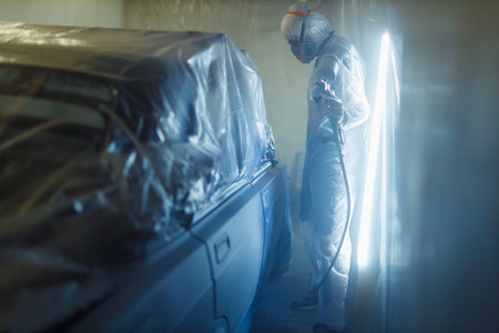 Car painter in protective clothes and respirator mask painting vehicleの写真素材