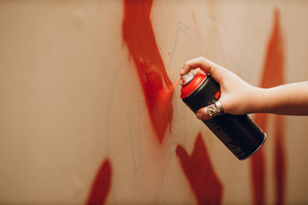 Young woman with a spray balloon with paint in her hand painting wall garage street art graffitiの写真素材