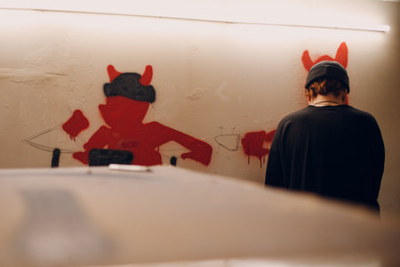 Young woman with a spray balloon with paint in her hand in a protective mask painting wall garage street art graffitiの写真素材