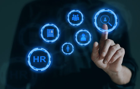 Human resources technology concept. HR manager pointing finger hand choose personnel for businessの写真素材