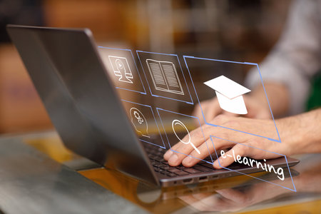 E-learning Education courses concept. Student schoolar learn webinar lesson online education internet by computerの写真素材