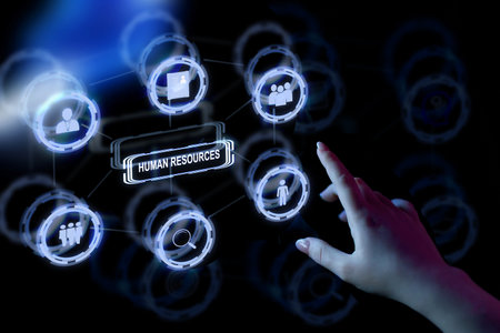 Human resources technology concept. HR manager pointing finger to worker form and choosing personnel for business.の写真素材