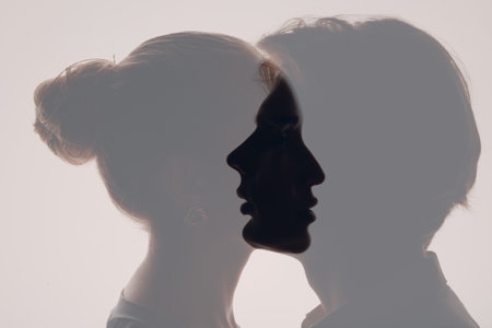 Love of couple young adult man and woman multiple exposure silhouettesの写真素材