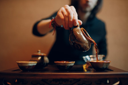 Chinese traditional puerh tea ceremony. Shepherd, chahay and gaiwan pour puehr black teaの写真素材