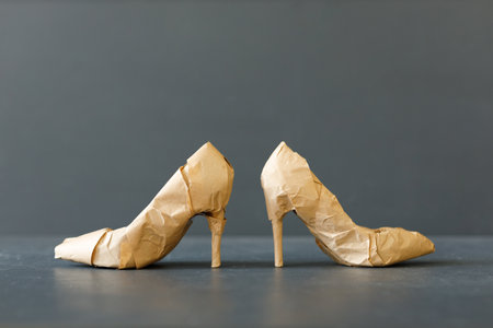 A brand new high heeled shoes wrapped in rustic craft paper. Black Friday shopping concept.の写真素材
