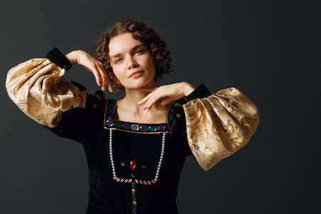 Portrait of a young aristocratic woman dressed in a medieval dress touching face skin on dark backgroundの写真素材