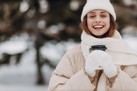 Happy smiling young woman with coffee hot drink cup enjoys winter weather at snowy winter parkの写真素材