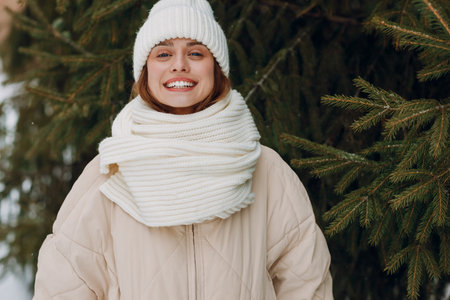 Happy smiling young woman portrait dressed coat scarf hat and mittens enjoys winter weather at winter park with pinesの写真素材