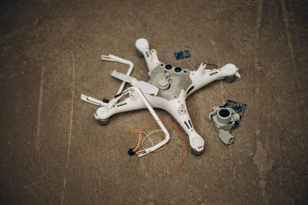 Fallen damaged quadcopter drone crash on a floor.の写真素材