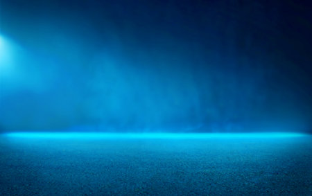 Abstract dark asphalt with neon blue light reflections smoke and rays blurred template sceneの写真素材