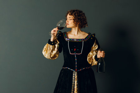 Young adult woman dressed in a medieval dress holding a glass of wineの写真素材