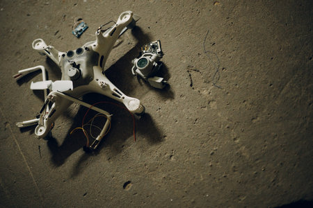 Fallen damaged quadcopter drone crash on floor.の写真素材