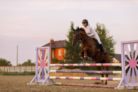 Dressage horse and rider in uniform during equestrian jumping competitionの写真素材