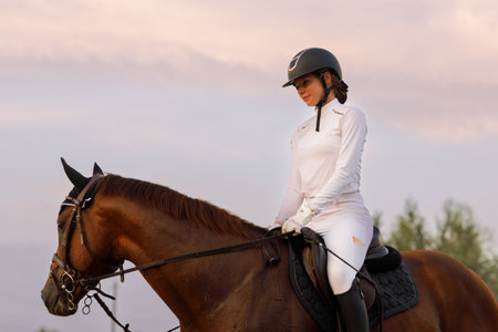 Side view of chestnut horse in harness with female rider in hat helmet and white uniform with bridle and bootsの写真素材
