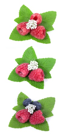 Ripe raspberry with green leaf on white backgroundの写真素材
