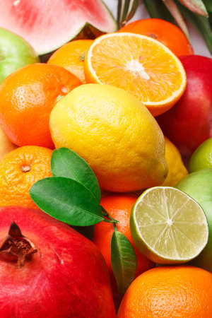 Fruits mix with green leaf. Organic food.
