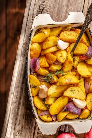 Rustic Fried Potato and vegetables. Top view.の写真素材