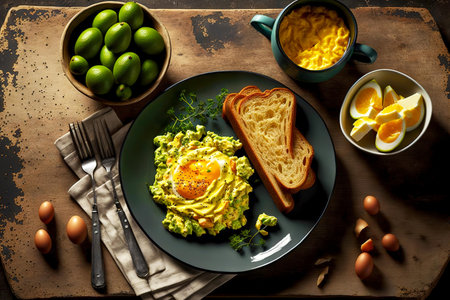 hearty healthy breakfast with toast with avocado and scrambled eggの写真素材