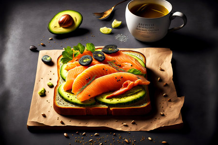 toast with avocado and lightly salted tender salmon filletの写真素材