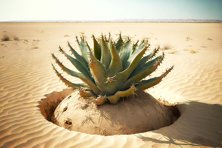 round overgrown aloe vera plant bush on sandy soilの写真素材