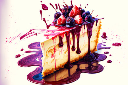 pieces of creamy homemade cheesecake drizzled with thick berry syrupの写真素材