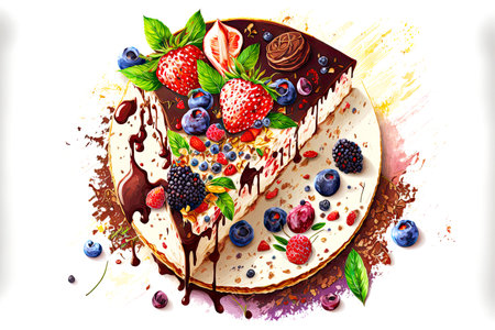 delicious cheesecake decorated with fresh berries and chocolate piecesの写真素材