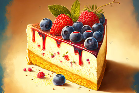 piece of cake from delicious cheesecake decorated with raspberries and blueberries