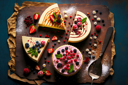 pieces of delicate delicious sweet cheesecake with decorations laid out on table
