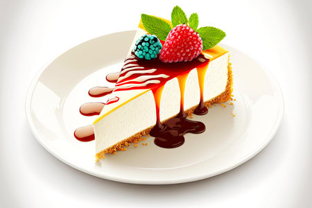 slice of tender mouth-watering cheesecake on white saucerの写真素材