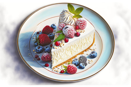 delicate white cheesecake on large round dessert plateの写真素材
