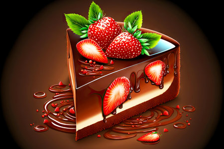 chocolate cheesecake decorated with fresh bright red strawberriesの写真素材