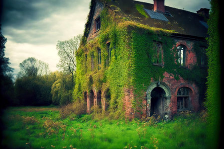 ruined abandoned house with brick walls covered with moss and grassの写真素材