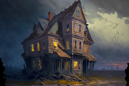 evening painting with peeling abandoned house against gray skyの写真素材