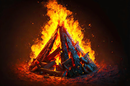 red orange bonfire with bright blaze fire flame