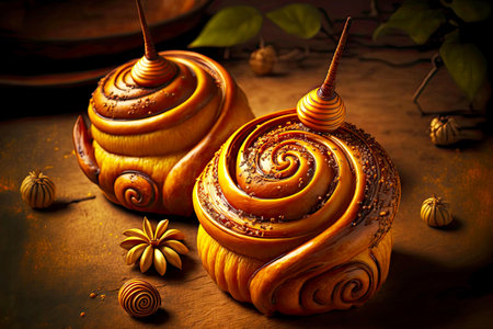aetizing cinnamon buns with caramel glaze in shape of snailの写真素材