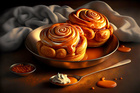 sweet cinnamon buns with shiny crust and viscous caramel creamの写真素材