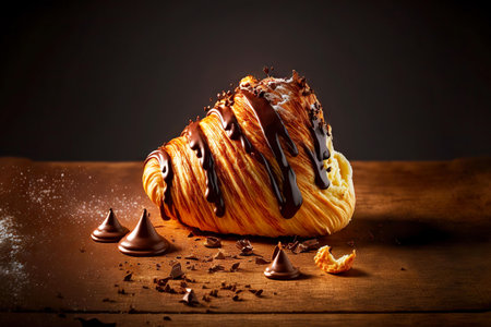 delicious delicate croissant with chocolate on tableの写真素材