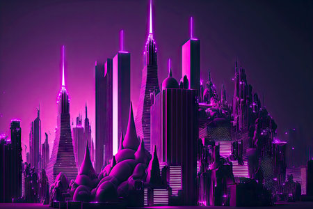 3d render neon e city with illuminated towers in purple hueの写真素材