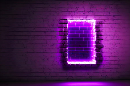 blank brick wall with 3d render neon backlight for purple backgroundの写真素材
