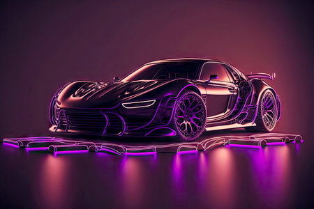 indoor sports car in 3d render neon backlight dark purple